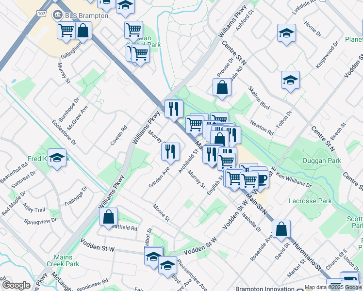 map of restaurants, bars, coffee shops, grocery stores, and more near 31 Greenleaf Crescent in Brampton