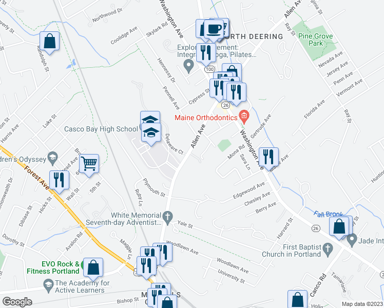 map of restaurants, bars, coffee shops, grocery stores, and more near 247 Allen Avenue in Portland