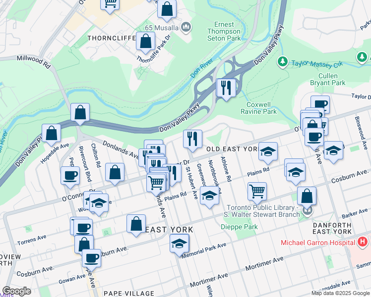 map of restaurants, bars, coffee shops, grocery stores, and more near in Toronto