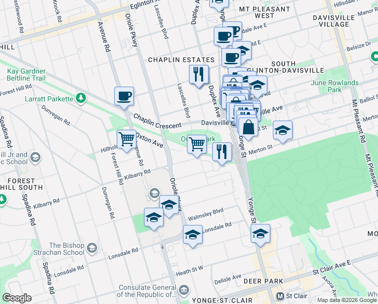 map of restaurants, bars, coffee shops, grocery stores, and more near in Toronto