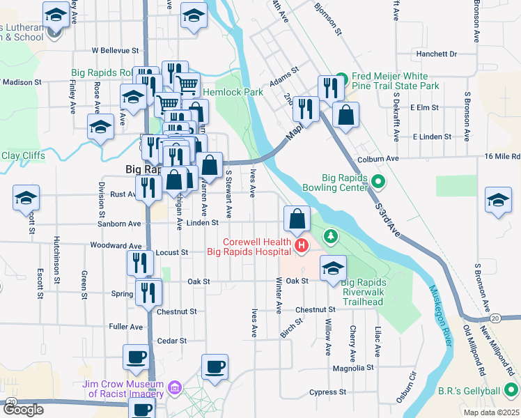 map of restaurants, bars, coffee shops, grocery stores, and more near 400 Elm Street in Big Rapids