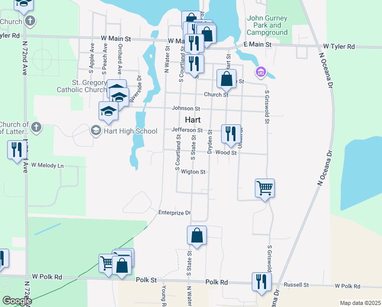 map of restaurants, bars, coffee shops, grocery stores, and more near 603 South State Street in Hart
