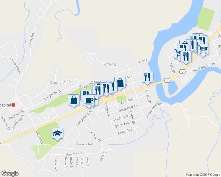 map of restaurants, bars, coffee shops, grocery stores, and more near 2107 Fir Avenue in Reedsport