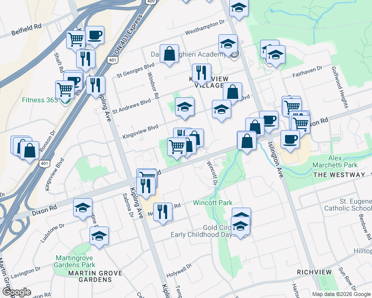 map of restaurants, bars, coffee shops, grocery stores, and more near 340 Dixon Road in Toronto