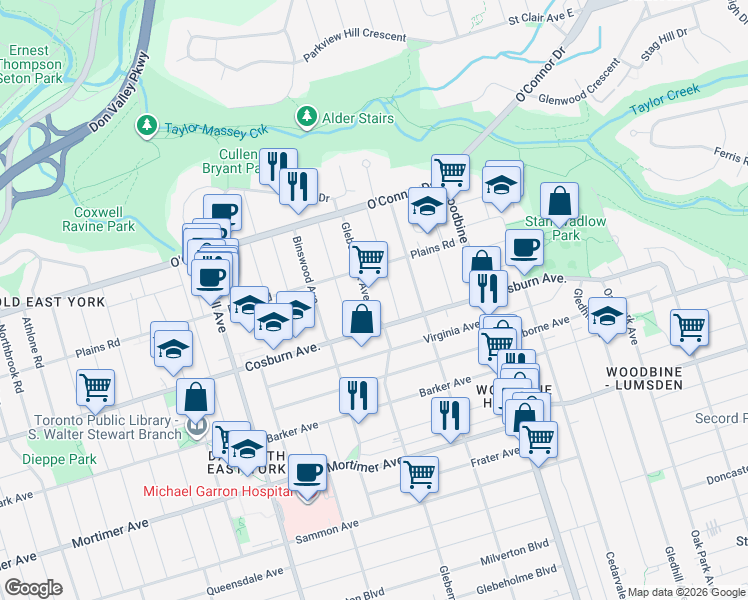 map of restaurants, bars, coffee shops, grocery stores, and more near 307 Glebemount Avenue in Toronto
