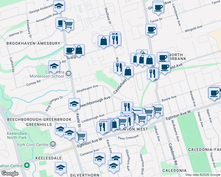 map of restaurants, bars, coffee shops, grocery stores, and more near 110 Strathnairn Avenue in Toronto