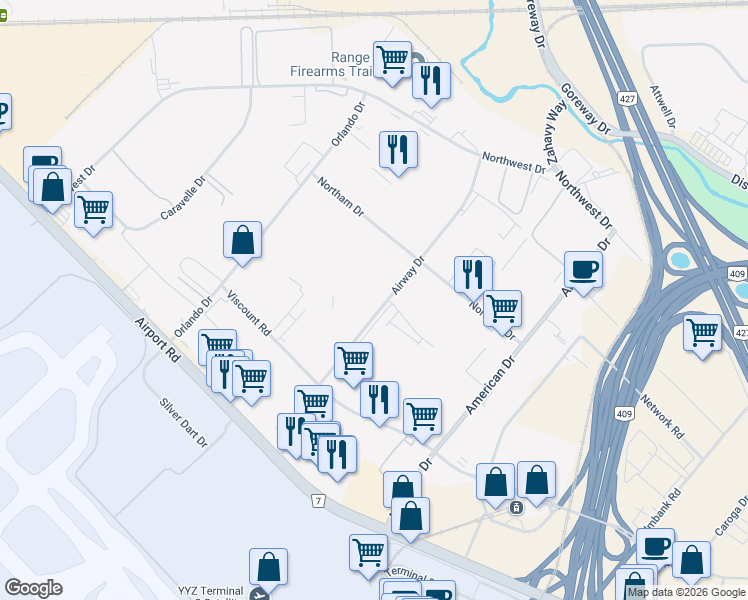 map of restaurants, bars, coffee shops, grocery stores, and more near 3195 Airway Drive in Mississauga