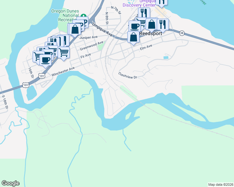 map of restaurants, bars, coffee shops, grocery stores, and more near 49 River Bend Road in Reedsport