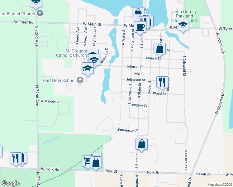 map of restaurants, bars, coffee shops, grocery stores, and more near 611 North Water Street in Hart