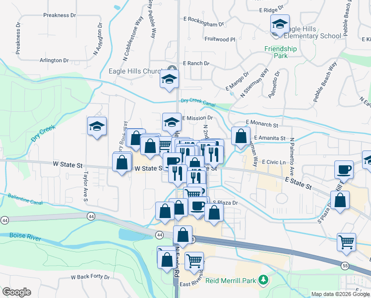 map of restaurants, bars, coffee shops, grocery stores, and more near 154 East Idaho Street in Eagle
