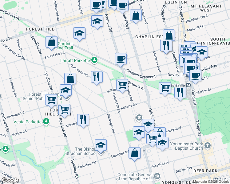 map of restaurants, bars, coffee shops, grocery stores, and more near in Toronto