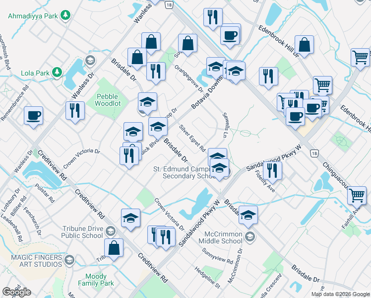 map of restaurants, bars, coffee shops, grocery stores, and more near 24 Conklin Drive in Brampton