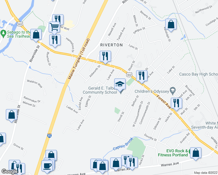 map of restaurants, bars, coffee shops, grocery stores, and more near 67 Farnham Street in Portland