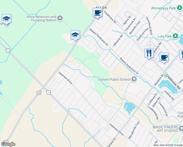 map of restaurants, bars, coffee shops, grocery stores, and more near 38 Ezra Cres in Brampton
