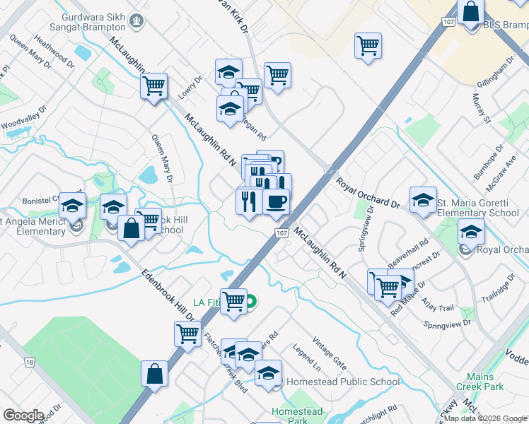 map of restaurants, bars, coffee shops, grocery stores, and more near 10048 McLaughlin Road in Brampton