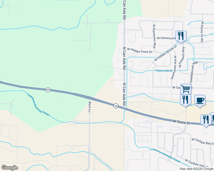 map of restaurants, bars, coffee shops, grocery stores, and more near 22289 North Can-Ada Road in Star