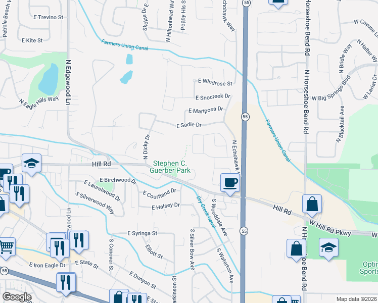 map of restaurants, bars, coffee shops, grocery stores, and more near 128 North Sevenoaks Avenue in Eagle