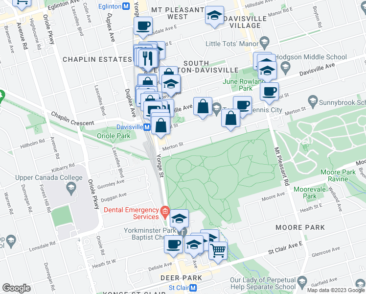 map of restaurants, bars, coffee shops, grocery stores, and more near 79 Merton Street in Toronto