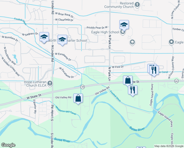map of restaurants, bars, coffee shops, grocery stores, and more near 4162 West State Street in Eagle