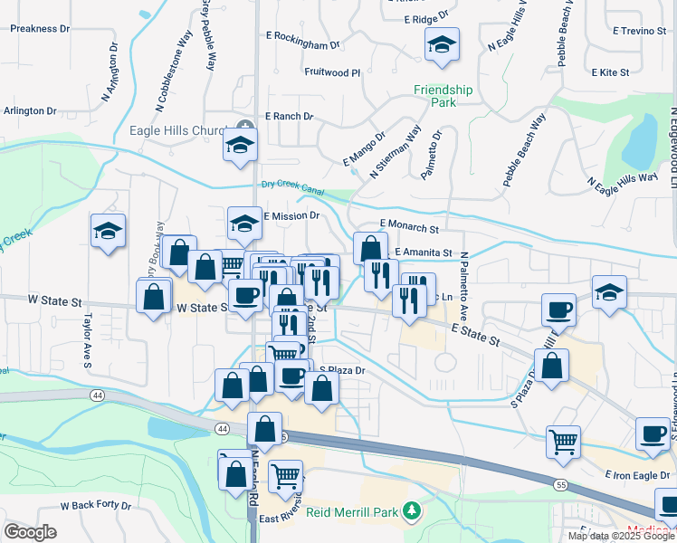 map of restaurants, bars, coffee shops, grocery stores, and more near 342 East Idaho Street in Eagle