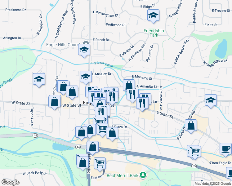 map of restaurants, bars, coffee shops, grocery stores, and more near 342 East Idaho Street in Eagle