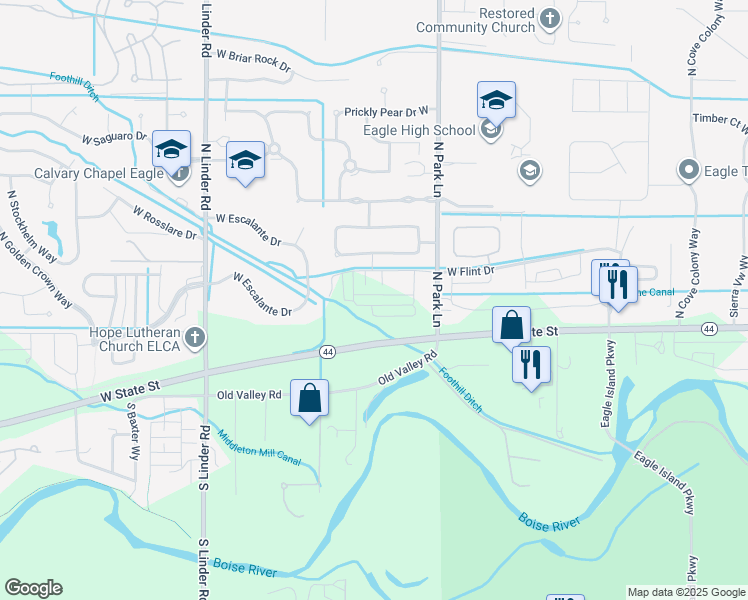 map of restaurants, bars, coffee shops, grocery stores, and more near 101 North Park Lane in Eagle