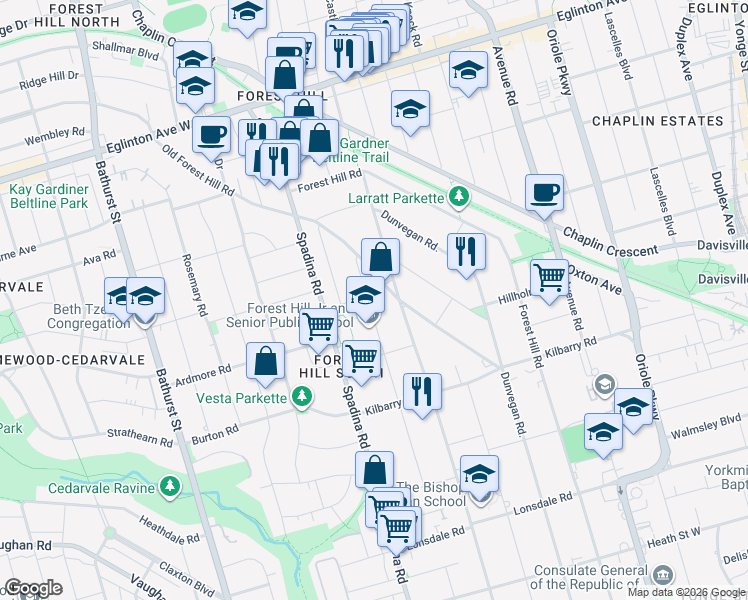 map of restaurants, bars, coffee shops, grocery stores, and more near in Toronto