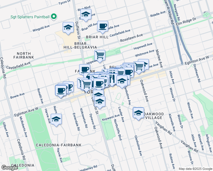 map of restaurants, bars, coffee shops, grocery stores, and more near in Toronto