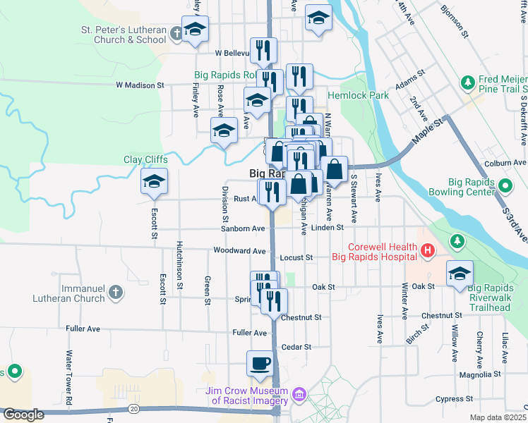 map of restaurants, bars, coffee shops, grocery stores, and more near 115 Rust Avenue in Big Rapids