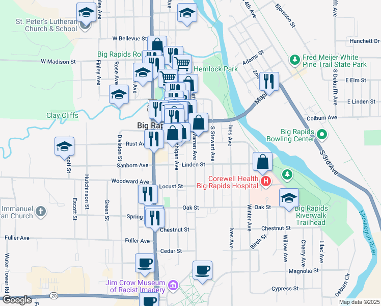 map of restaurants, bars, coffee shops, grocery stores, and more near 216 South Warren Avenue in Big Rapids