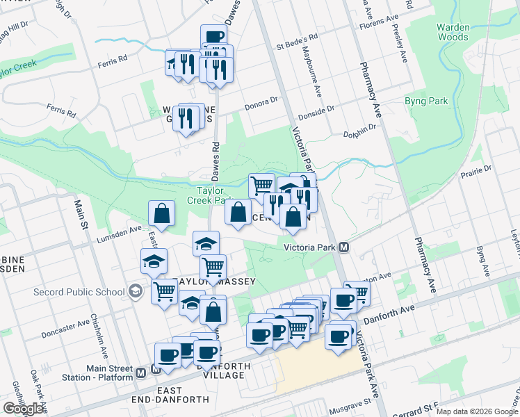 map of restaurants, bars, coffee shops, grocery stores, and more near 1 Massey Square in Toronto
