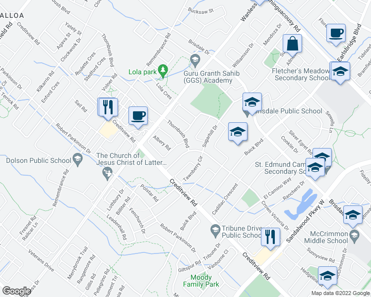 map of restaurants, bars, coffee shops, grocery stores, and more near 2 Thornbush Boulevard in Brampton