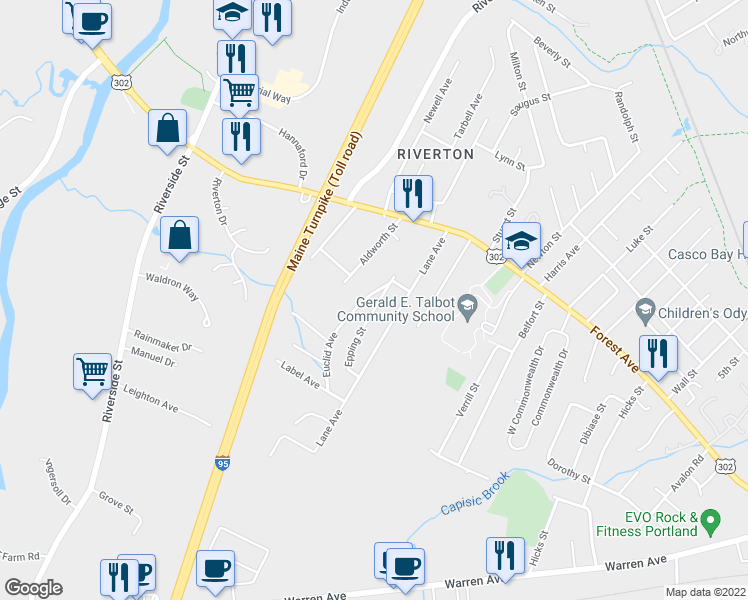 map of restaurants, bars, coffee shops, grocery stores, and more near 107 Euclid Avenue in Portland