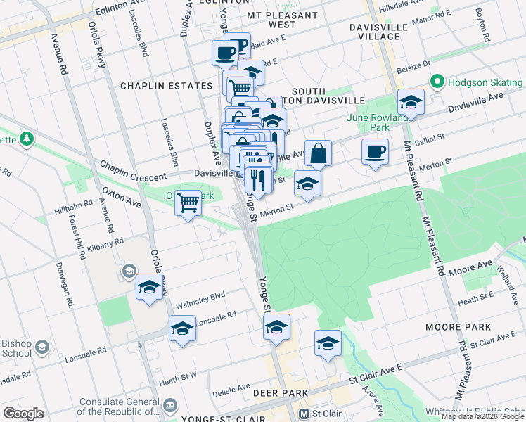 map of restaurants, bars, coffee shops, grocery stores, and more near 18 Merton Street in Toronto