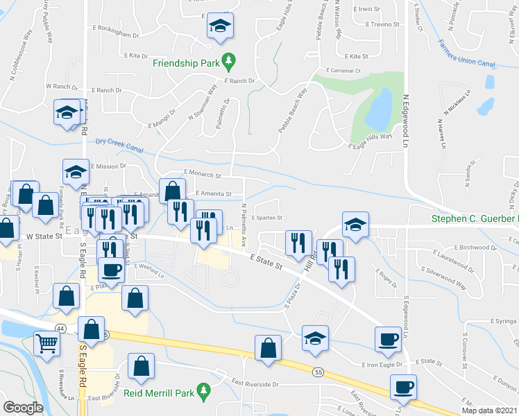 map of restaurants, bars, coffee shops, grocery stores, and more near 893 East Cembra Street in Eagle