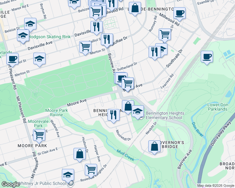 map of restaurants, bars, coffee shops, grocery stores, and more near 1220 Bayview Avenue in Toronto