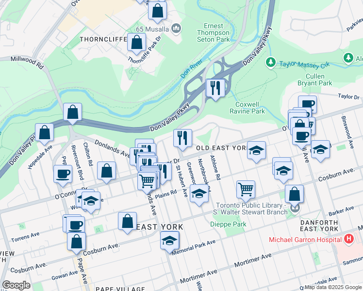 map of restaurants, bars, coffee shops, grocery stores, and more near 4 Four Oaks Gate in Toronto
