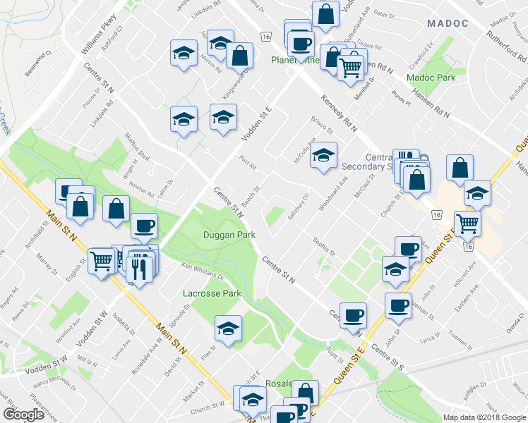 map of restaurants, bars, coffee shops, grocery stores, and more near 72 Salisbury Circle in Brampton