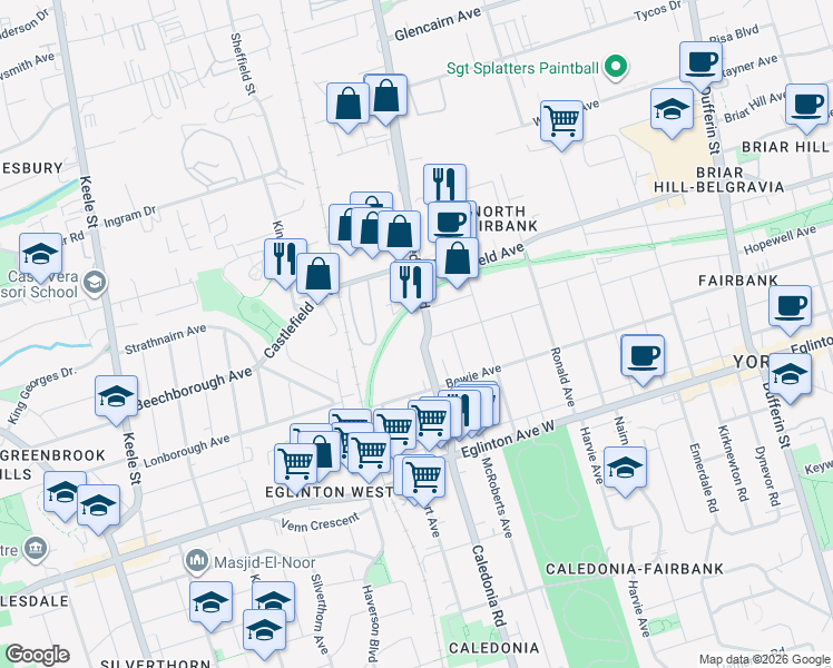 map of restaurants, bars, coffee shops, grocery stores, and more near in Toronto