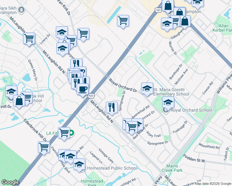 map of restaurants, bars, coffee shops, grocery stores, and more near in Brampton