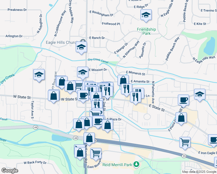 map of restaurants, bars, coffee shops, grocery stores, and more near 342 East Idaho Street in Eagle