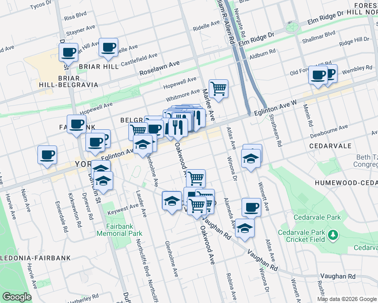 map of restaurants, bars, coffee shops, grocery stores, and more near 49 Lanark Avenue in Toronto