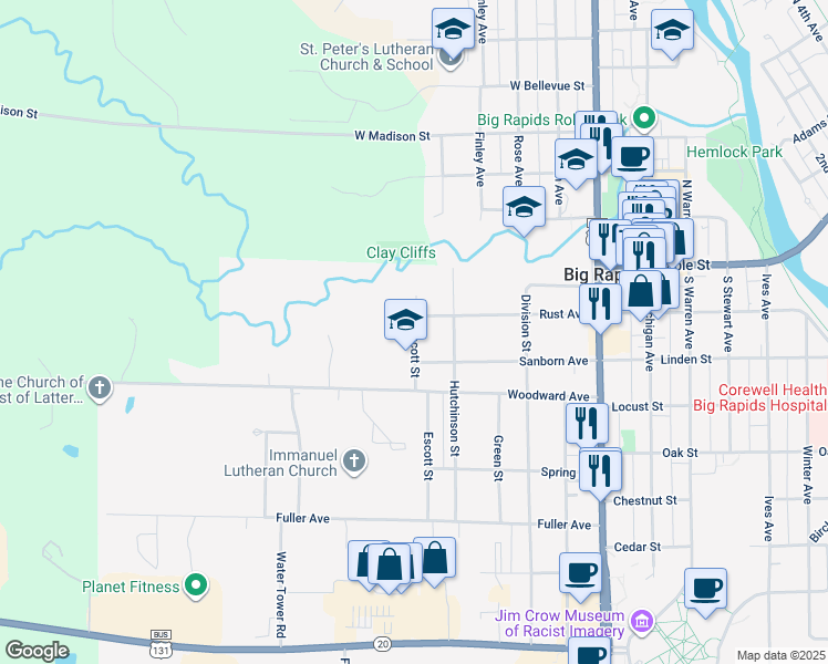 map of restaurants, bars, coffee shops, grocery stores, and more near 210 Escott Street in Big Rapids