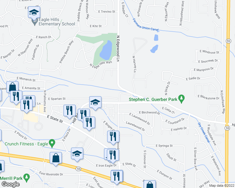 map of restaurants, bars, coffee shops, grocery stores, and more near 177 North Edgewood Lane in Eagle