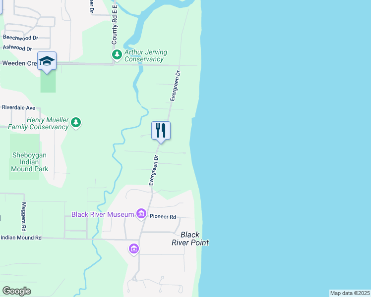 map of restaurants, bars, coffee shops, grocery stores, and more near 216 Juniper Drive in Sheboygan