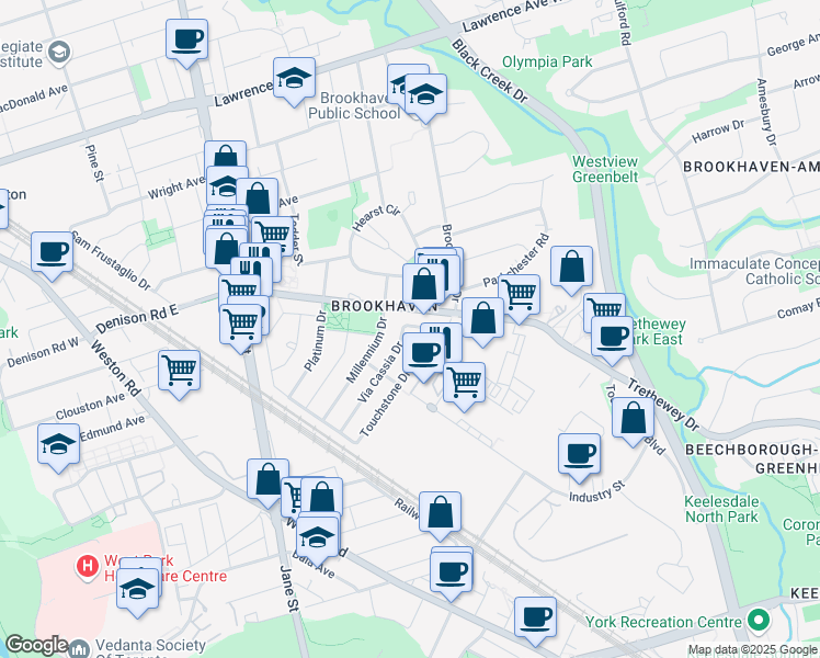 map of restaurants, bars, coffee shops, grocery stores, and more near 95 Via Cassia Drive in Toronto