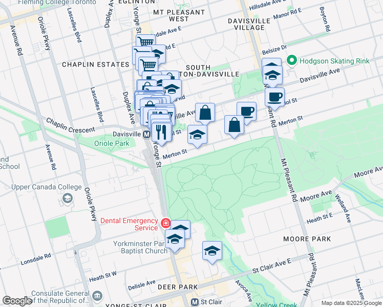 map of restaurants, bars, coffee shops, grocery stores, and more near 112 Merton Street in Toronto