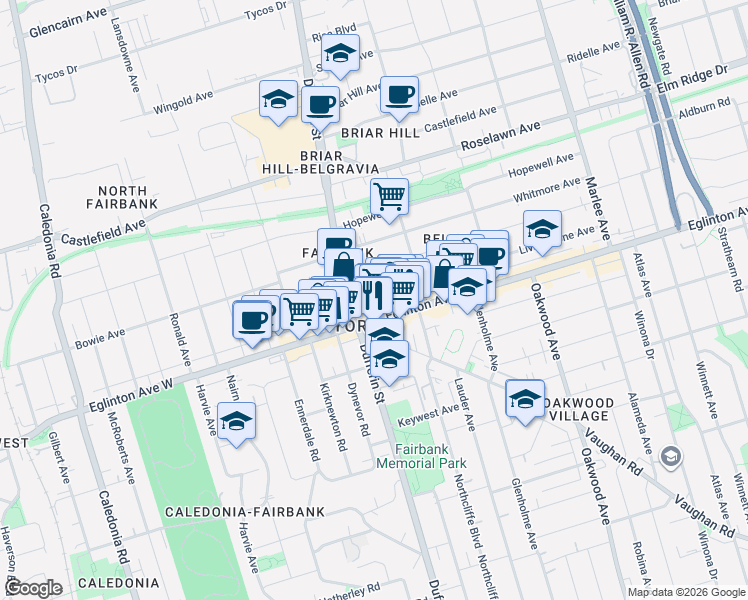map of restaurants, bars, coffee shops, grocery stores, and more near 227 Livingstone Avenue in Toronto