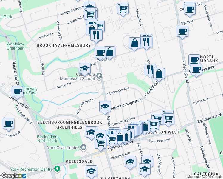 map of restaurants, bars, coffee shops, grocery stores, and more near 155 Canon Jackson Drive in Toronto
