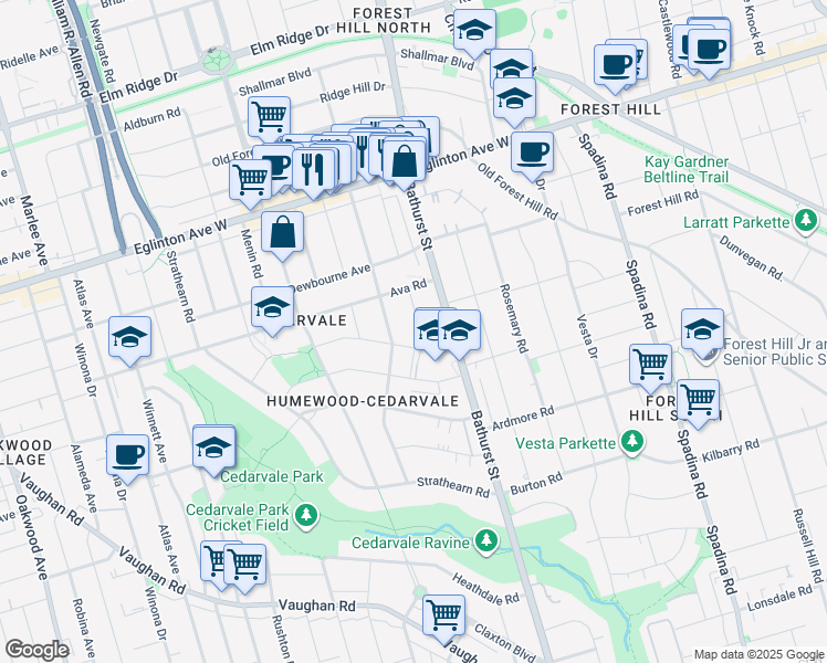 map of restaurants, bars, coffee shops, grocery stores, and more near 14 Peveril Hill South in Toronto